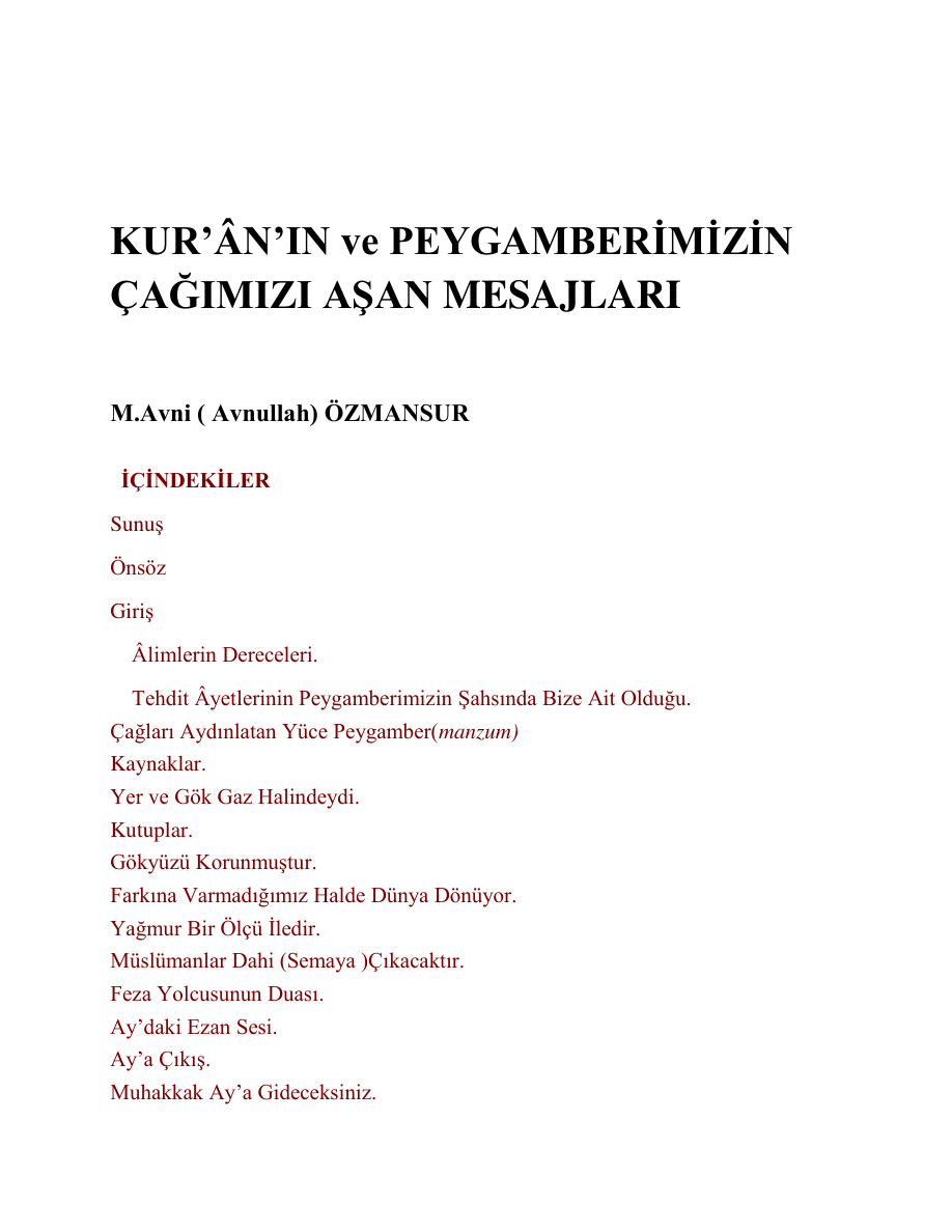 Kuranin ve Peygamberimizin Cagimizi Asan Mesajlari PDF İndir – M. Avni Özmansur