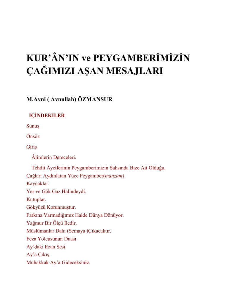 M.Avni Ozmansur Kuranin ve Peygamberimizin Cagimizi Asan Mesajlari Kitap Kapağı