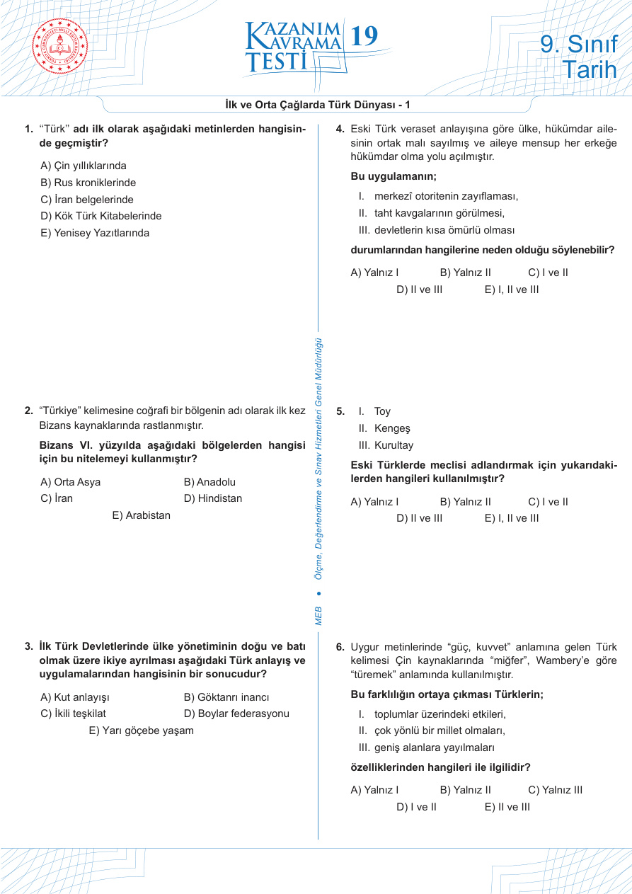 MEB Kazanım Kavrama Testi Tarih-Coğrafya-Türkçe PDF İndir – MEB Komisyon