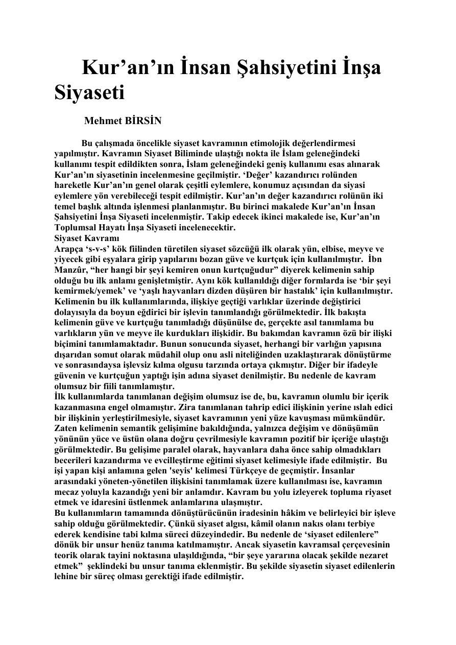 Kur’an’ın İnsan Şahsiyetini İnşa Siyaseti PDF – Mehmet Birsin