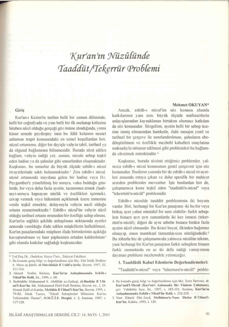Mehmet Okuyan Kuran Nuzulunde Tekerrur Problemi Kitap Kapağı