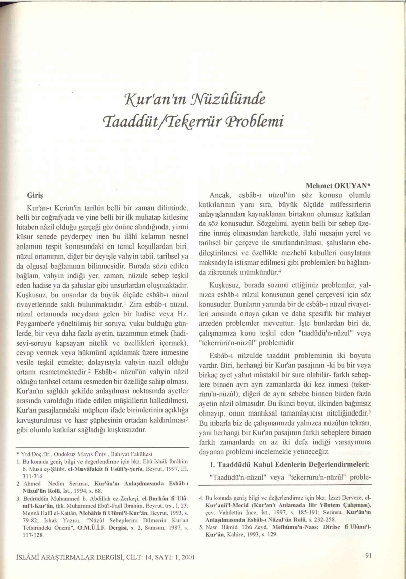 Kur’an Nüzulünde Tekerrür Problemi PDF – Mehmet Okuyan