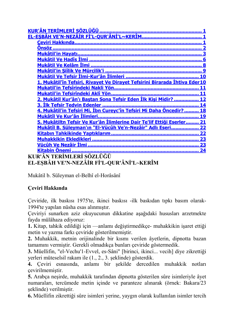 Kur’an Terimleri Sözlüğü PDF – Mukatil b. Süleyman