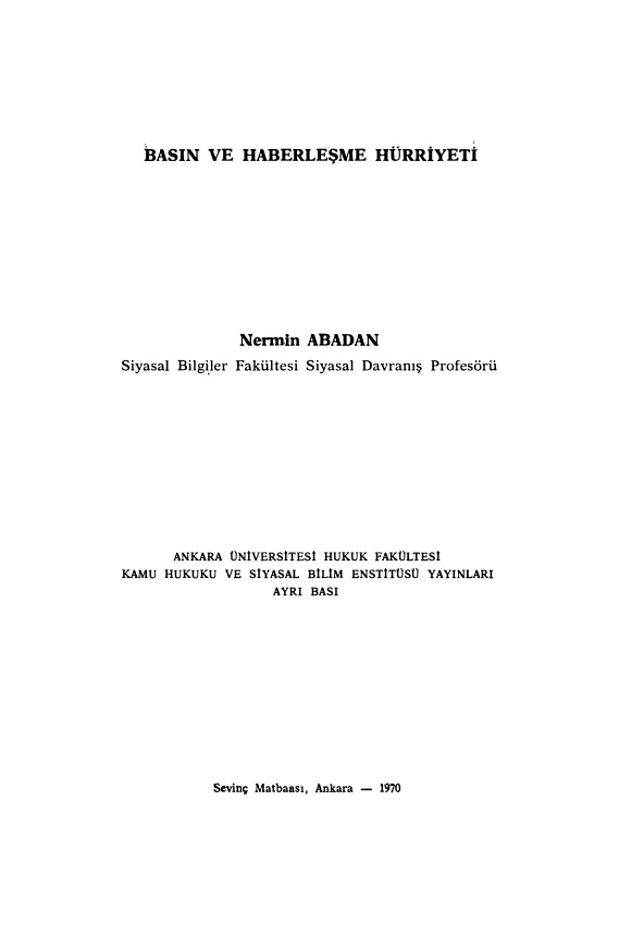 Basın ve Haberleşme Hürriyeti PDF – Nermin Abadan Unat