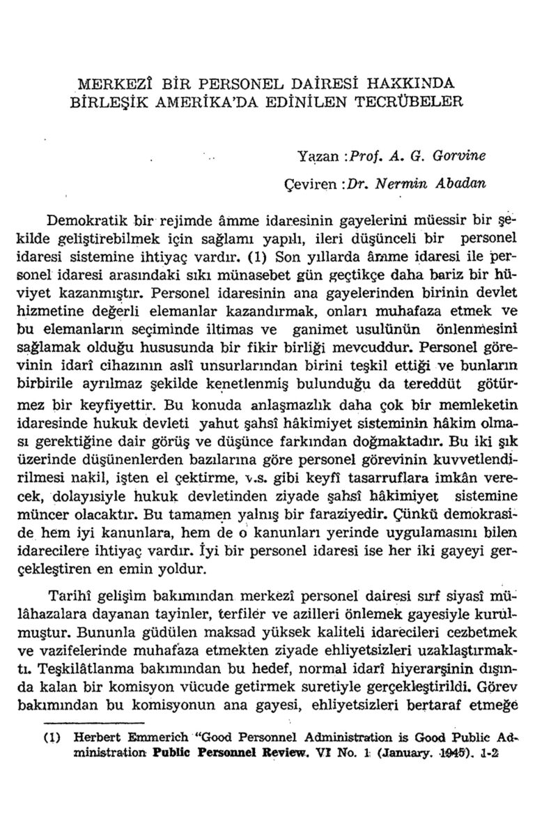 Nermin Abadan Unat A. G. Gorvine Merkezi Bir Personel Dairesi Hakkında Birleşik Amerika’da Edinilen Tecrübeler SBF Dergisi Kitap Kapağı
