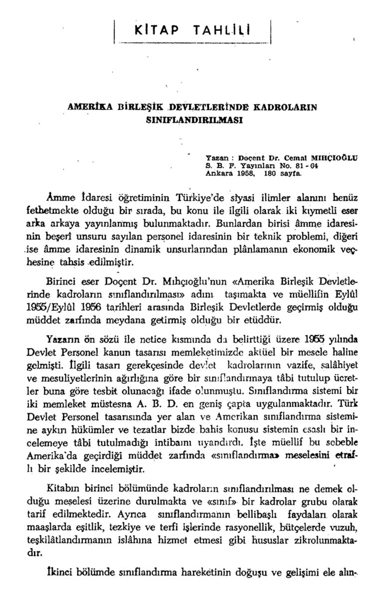 Nermin Abadan Unat Kitap Tahlili Amerika Birleşik Devletleri'nde Kadroların Sınıflandırılması SBF Dergisi Cilt 14 Sayı 1 Kitap Kapağı