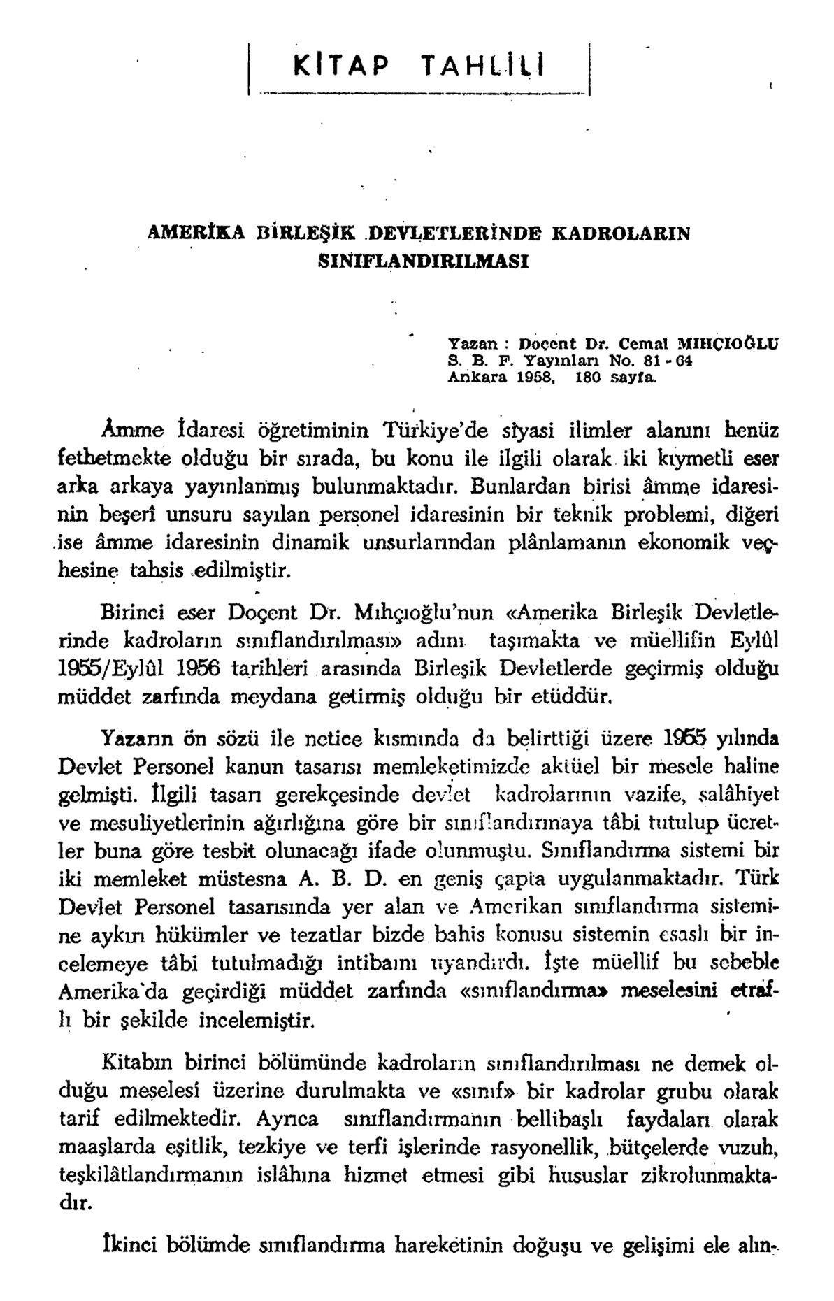 Amerika Birleşik Devletleri’nde Kadroların Sınıflandırılması PDF İndir – Nermin Abadan Unat