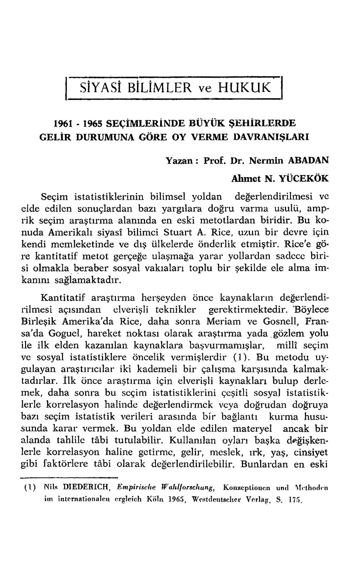 1961-1965 Seçimlerinde Büyük Şehirlerde Gelir Durumuna Göre Oy Verme Davranışları PDF İndir – Nermin Abadan Unat
