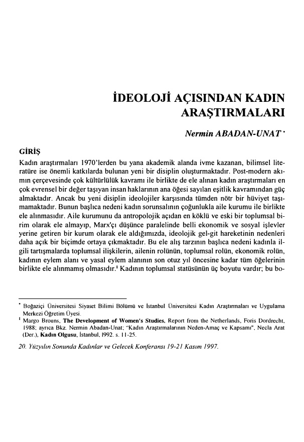 20. Yüzyılın Sonunda Kadınlar ve Gelecek (Abadan Unat Ed.) PDF İndir – Oya Çitci