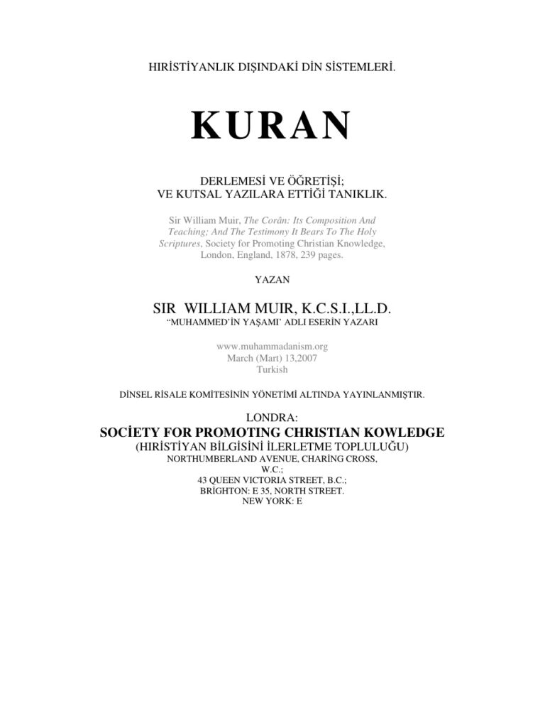 Sir William Muir Kuranin Tanikligi Kitap Kapağı