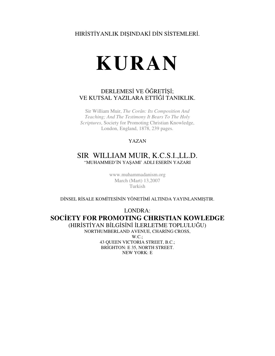 Kur’an’ın Tanıklığı PDF İndir – Sir William Muir