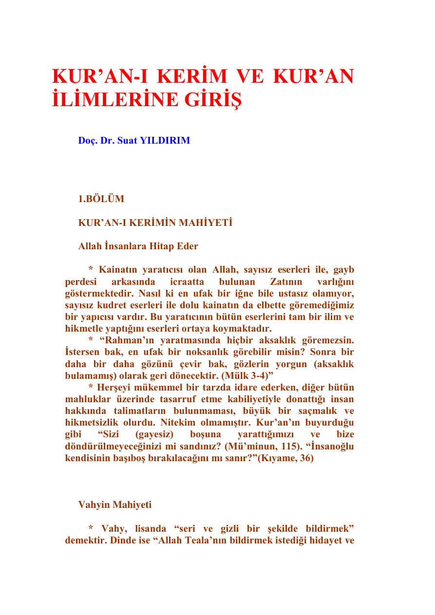 Kur’an-ı Kerim ve Kur’an İlimlerine Giriş PDF İndir – Suat Yıldırım