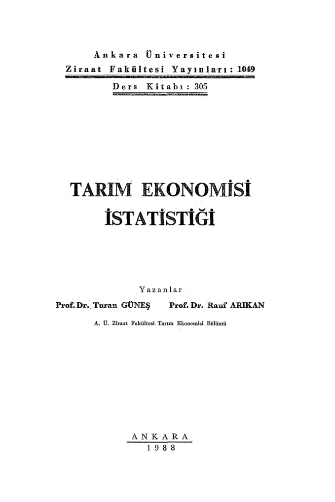 Tarım Ekonomisi İstatistiği PDF İndir – Turan Güneş, Rauf Arıkan