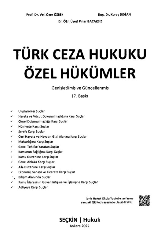 Türk Ceza Hukuku Özel Hükümler PDF İndir – Veli Özer Özbek vd.