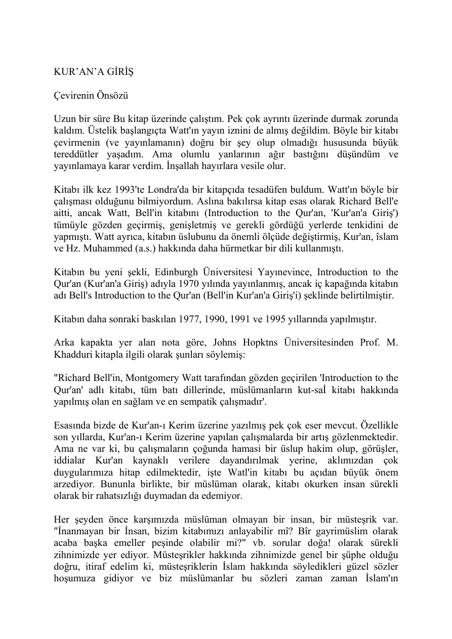 Kuran’a Giriş PDF İndir – W. Montgomery Watt