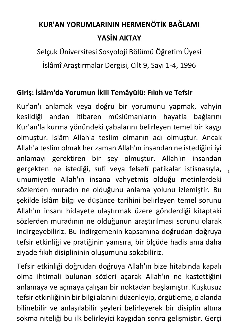 Kur’an Yorumlarının Hermenotik Bağlamı PDF İndir – Yasin Aktay