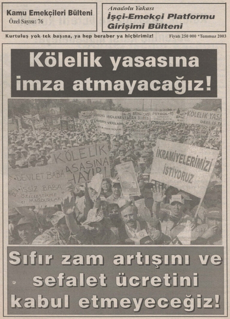 Anadolu Yakası İşçi Emekçi Platformu Girişimi Bülteni Kamu Emekçileri Bülteni Özel Sayı 076 Temmuz 2003 Kitap Kapağı
