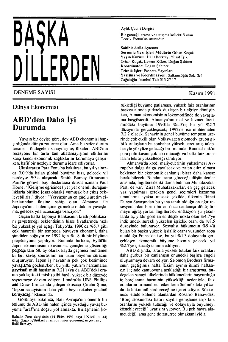Başka Dillerden Dergisi Sayı 01 Kasım 1991 PDF İndir – Kolektif