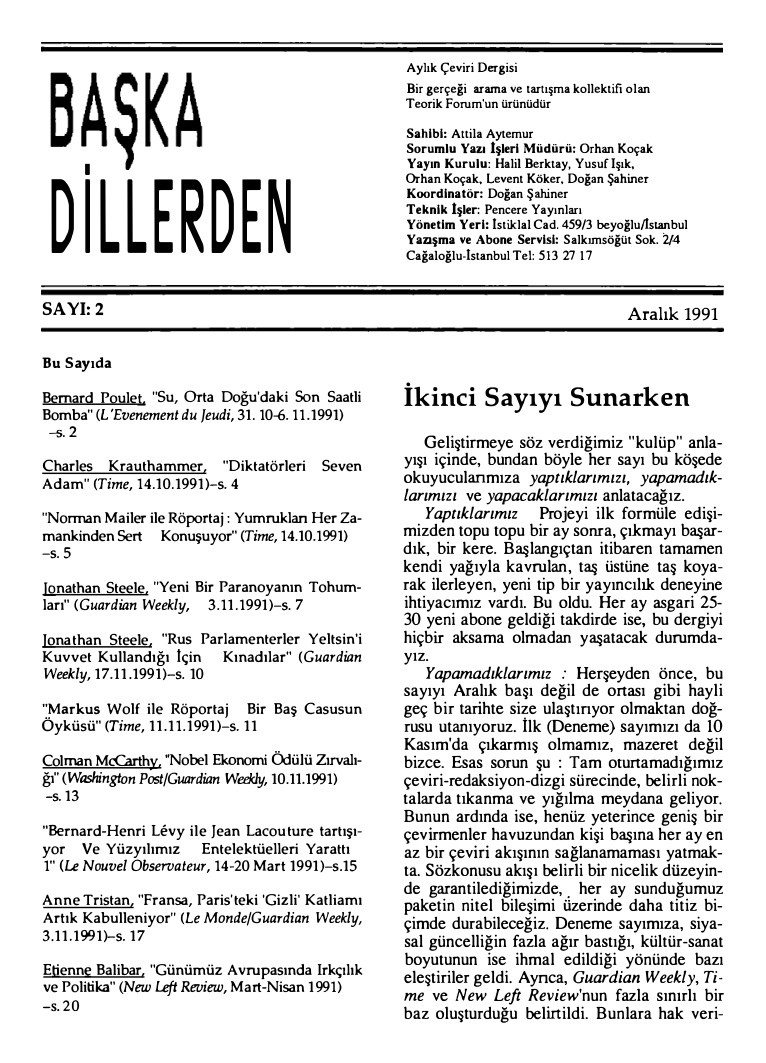 Başka Dillerden Dergisi Sayı 02 Aralık 1991 PDF İndir – Kolektif