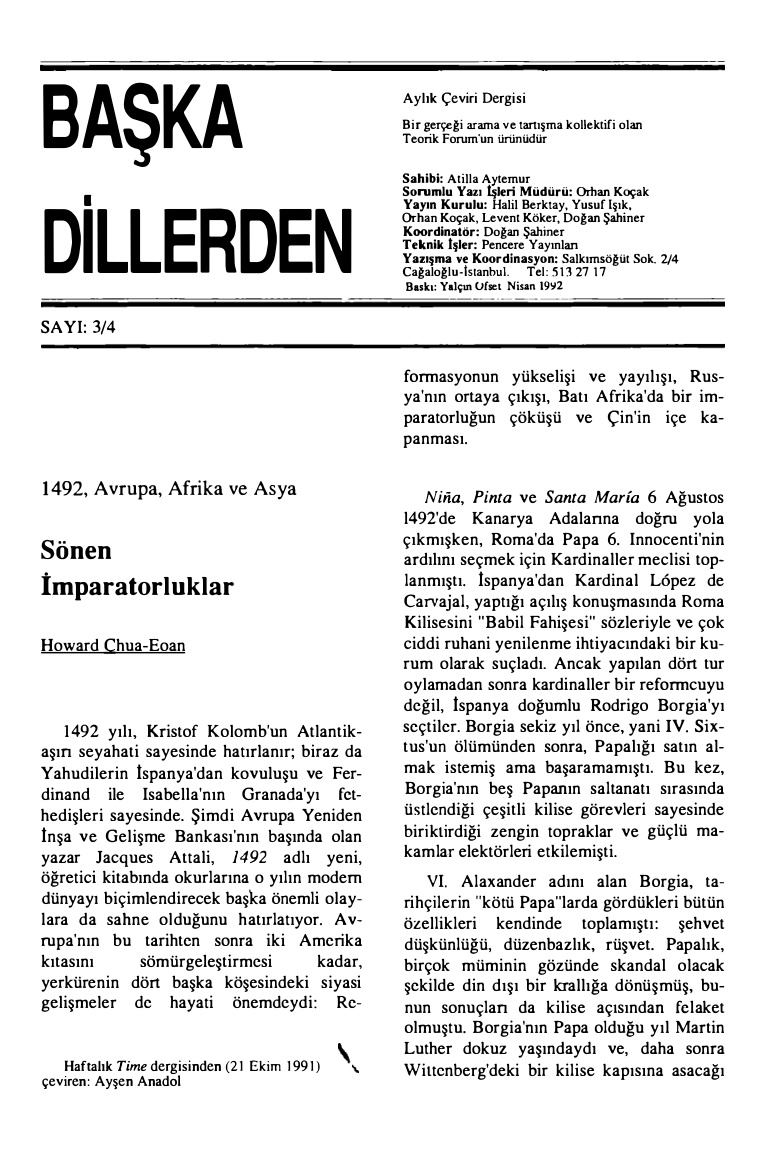 Başka Dillerden Dergisi Sayı 03-04 Nisan 1992 PDF İndir – Kolektif