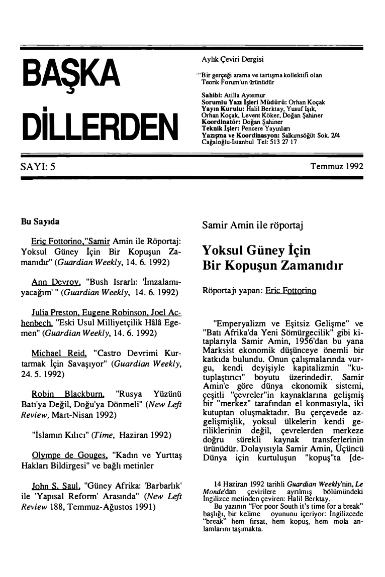 Başka Dillerden Dergisi Sayı 05 Temmuz 1992 PDF İndir – Kolektif