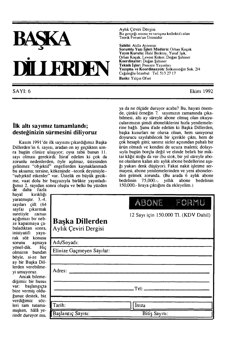 Başka Dillerden Dergisi Sayı 06 Ekim 1992 PDF İndir – Kolektif