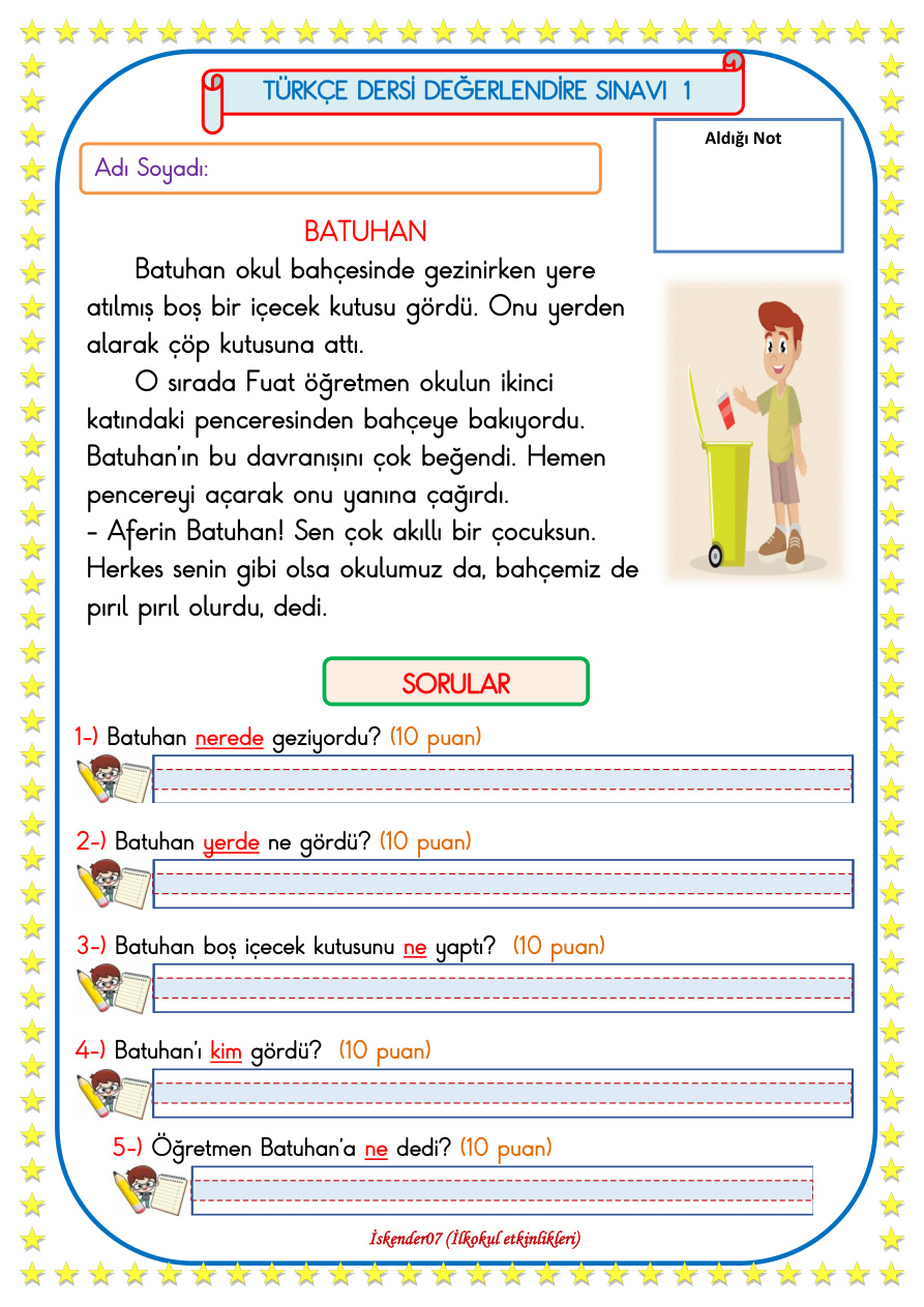 1. Sınıf Türkçe Değerlendirme Sınavı 1 PDF İndir – Komisyon