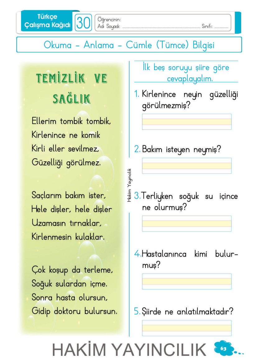 1. Sınıf Türkçe 30. Hafta PDF İndir – Komisyon