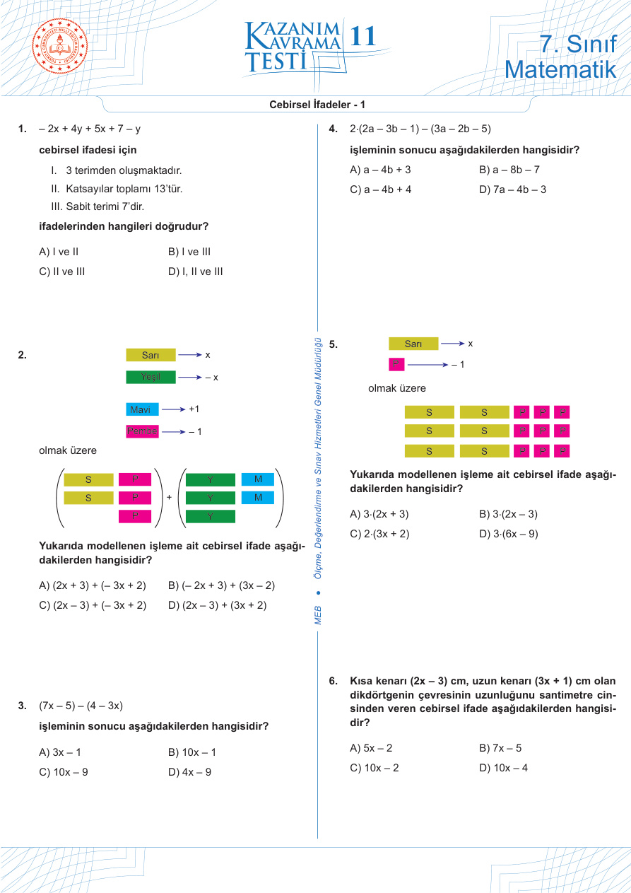 11-Cebirsel İfadeler – 1 PDF İndir – Komisyon
