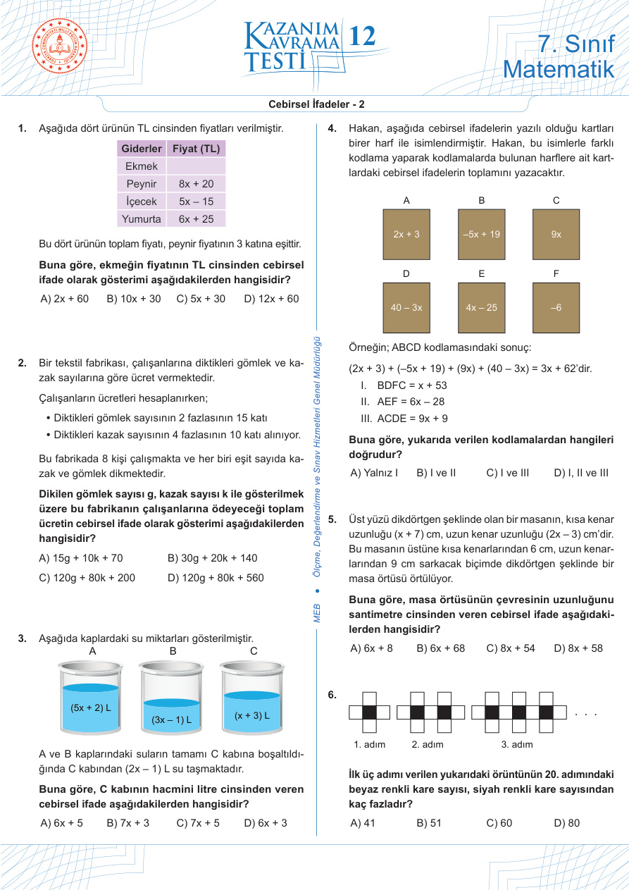 12-Cebirsel İfadeler – 2 PDF İndir – Komisyon