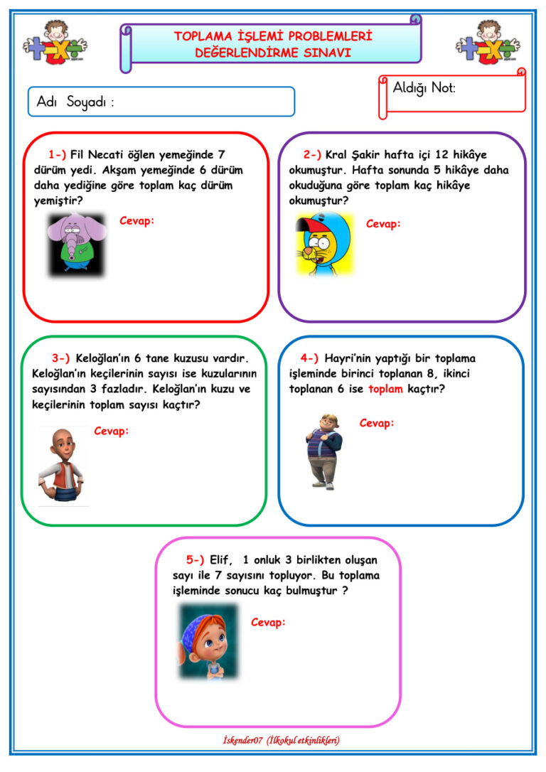 1 Sınıf Toplama ve Çıkarma İşlemi Problemleri Sınavları Kitap Kapağı