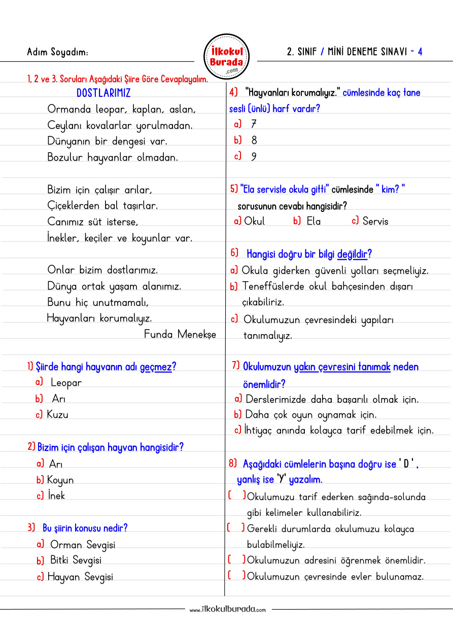 2. Sınıf Haftalık Mini Deneme Sınavı 4 PDF İndir – Komisyon