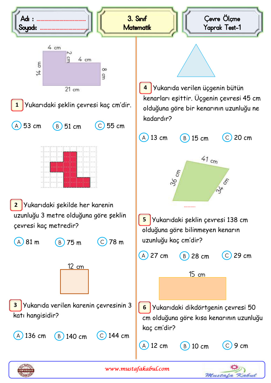 3. Sınıf Matematik Çevre Yaprak Test 1 PDF İndir – Komisyon