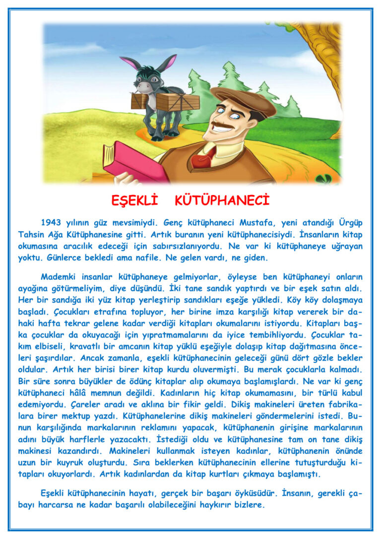 4.Sınıf Türkçe Eşekli Kütüphaneci Okuma Anlama Metni Kitap Kapağı