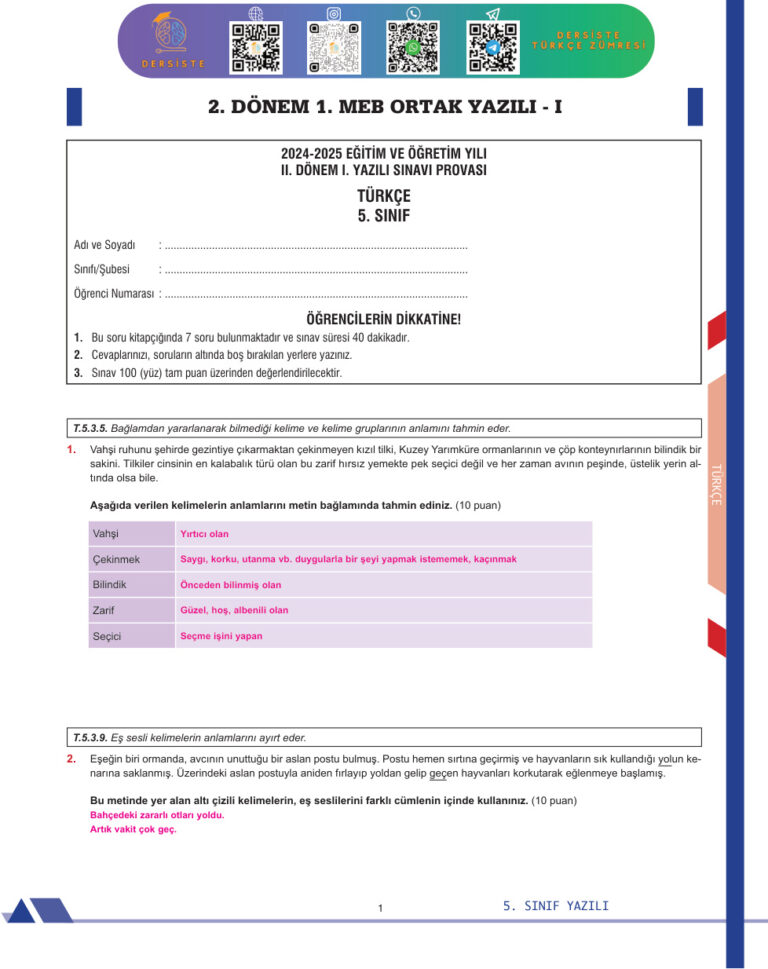 5. SINIF 2. DONEM 1. YAZILI Kitap Kapağı