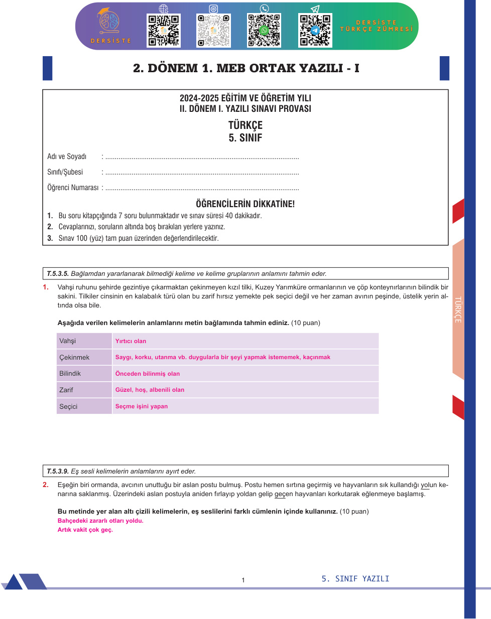 5. Sınıf 2. Dönem 1. Yazılı (Türkçe) PDF İndir – Komisyon