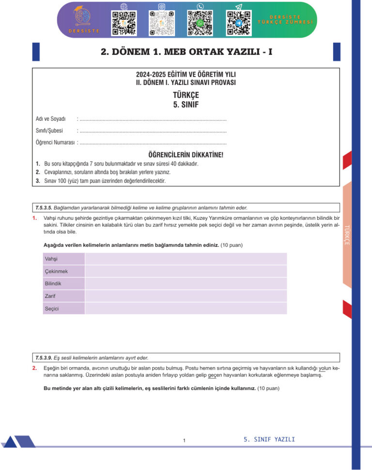 5. SINIF 2. DONEM 1. YAZILI CEVAPSIZ Kitap Kapağı