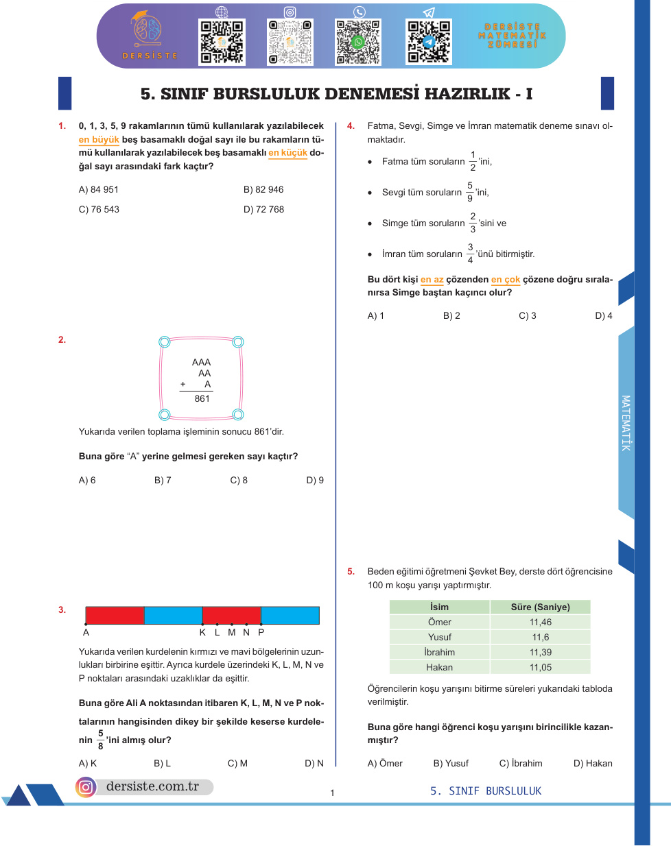 5. Sınıf Bursluluk Doküman (Matematik) 1 Cevapsız PDF İndir – Komisyon