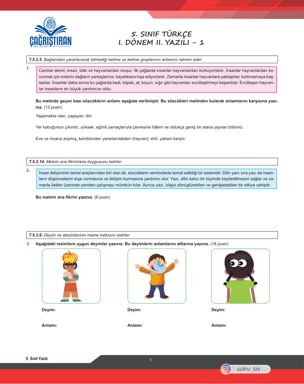 5. Sınıf Türkçe 1. Dönem 2. Yazılı Cevapsız PDF İndir – Komisyon