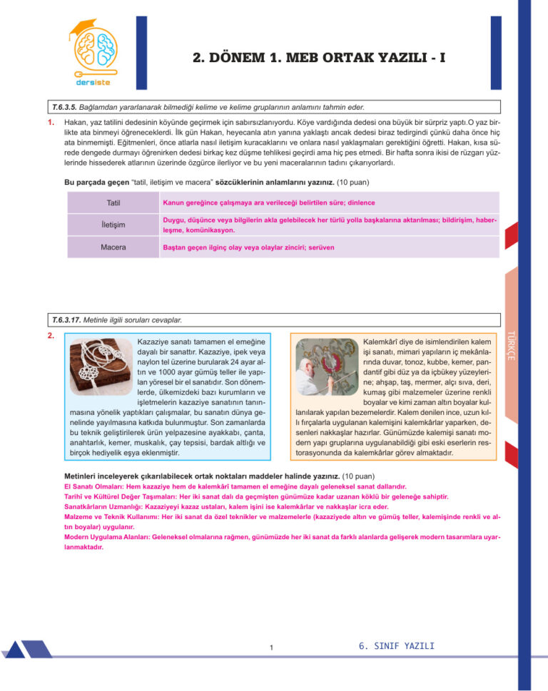 6. SINIF 2. DONEM 1. YAZILI Kitap Kapağı