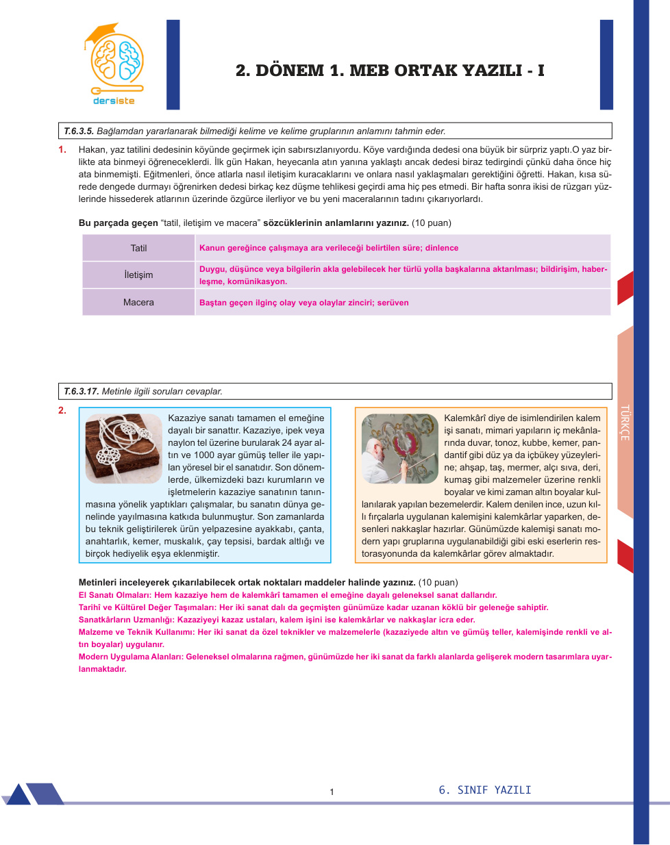 6. Sınıf 2. Dönem 1. Yazılı (Türkçe) PDF İndir – Komisyon
