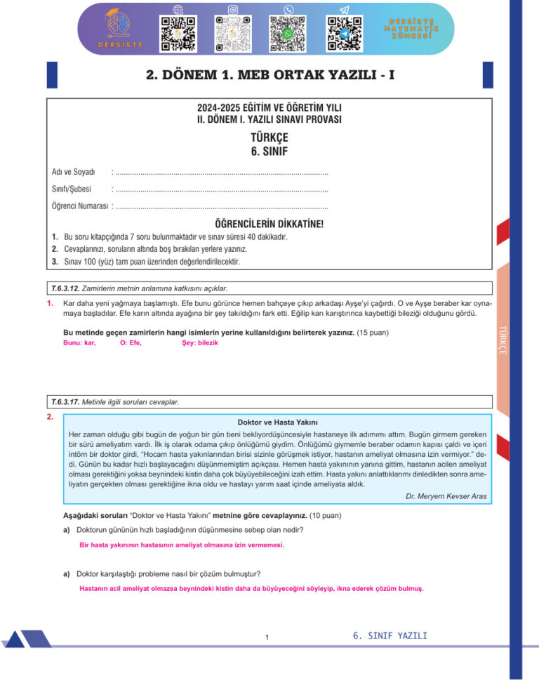 6. SINIF 2. DONEM 1. YAZILI Kitap Kapağı