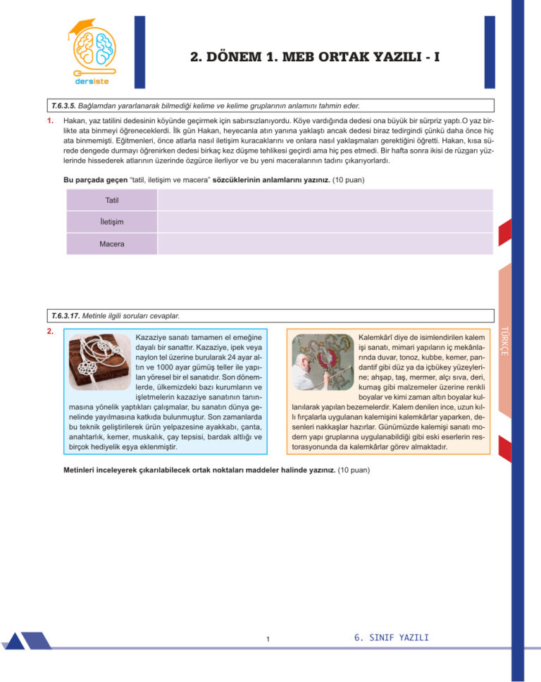 6. SINIF 2. DONEM 1. YAZILI CEVAPSIZ Kitap Kapağı