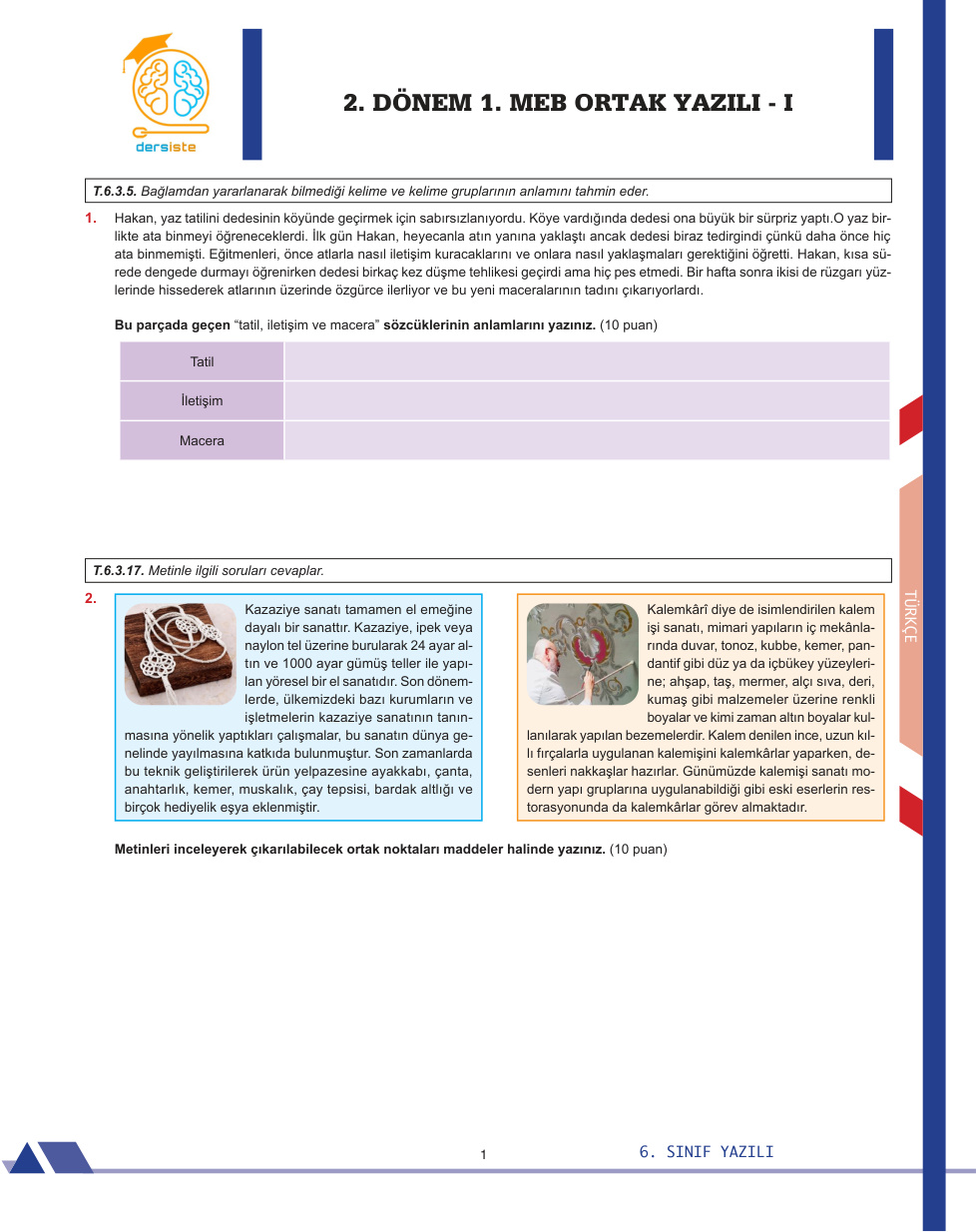 6. Sınıf 2. Dönem 1. Yazılı (Türkçe) Cevapsız 2 PDF İndir – Komisyon