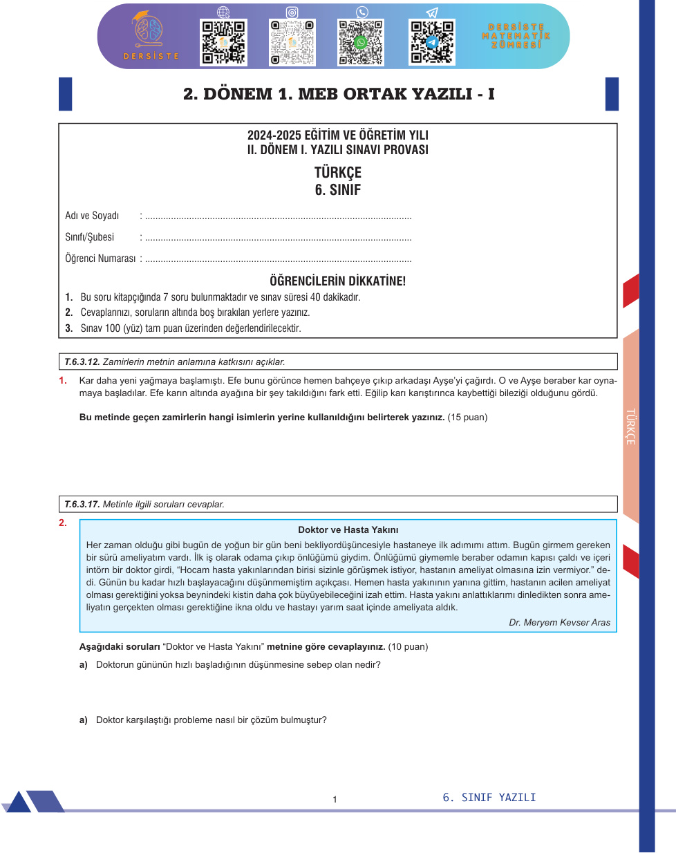 6. Sınıf 2. Dönem 1. Yazılı Türkçe Cevapsız PDF İndir – Komisyon