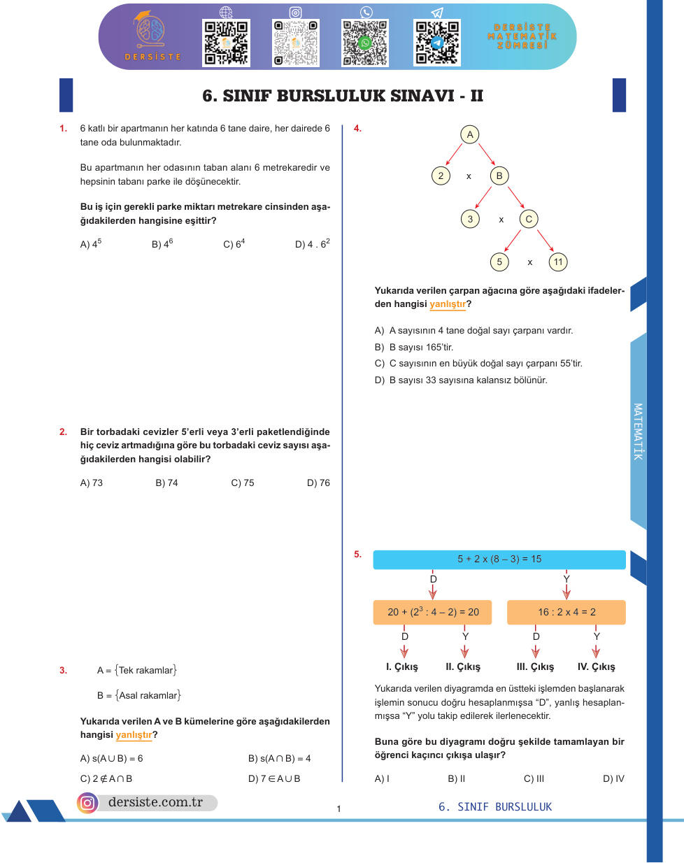 6. Sınıf Bursluluk Deneme Matematik 2 Cevapsız PDF İndir – Komisyon