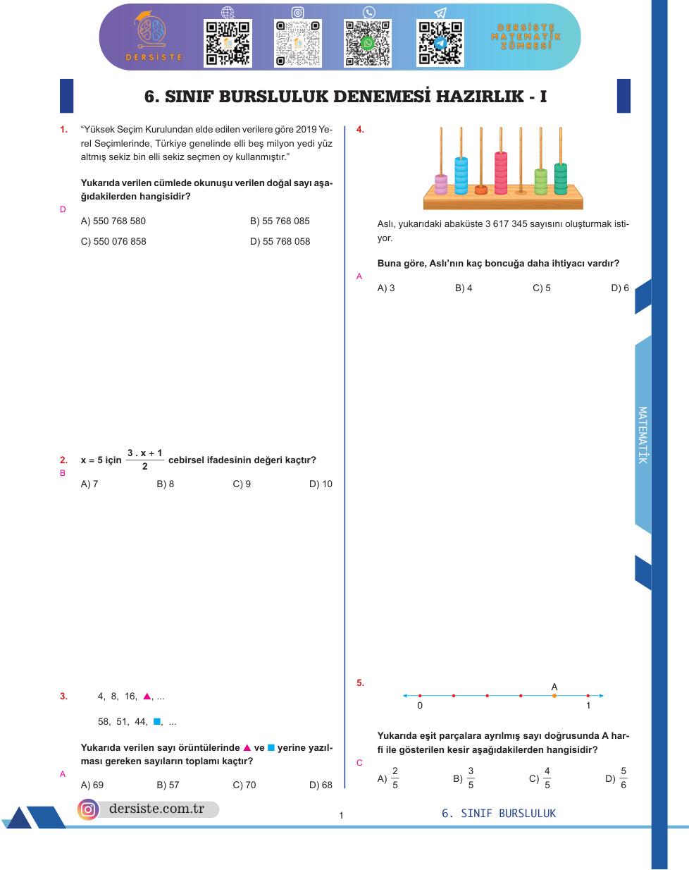 6. Sınıf Bursluluk Doküman Matematik 1 PDF İndir – Komisyon