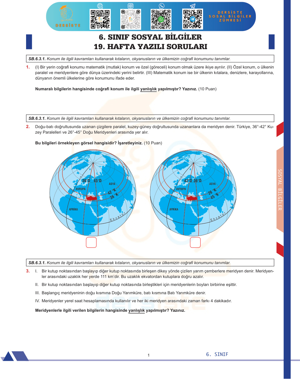 6. Sınıf Ders İşte Haftalık Sınav Sosyal Bilgiler 19 Cevapsız PDF İndir – Komisyon