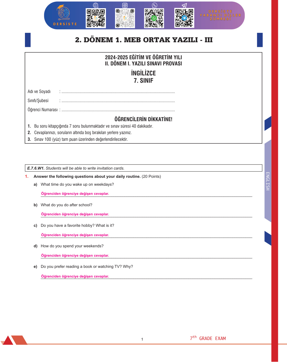 7. Sınıf 2. Dönem 1. Yazılı İngilizce 3 PDF İndir – Komisyon