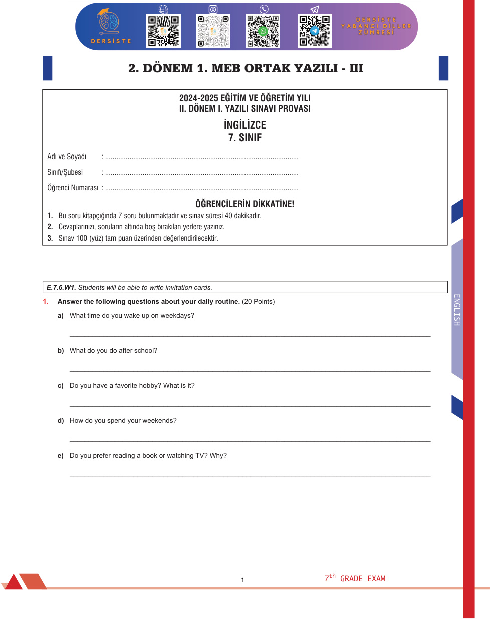 7. Sınıf 2. Dönem 1. Yazılı İngilizce 3 Cevapsız PDF İndir – Komisyon